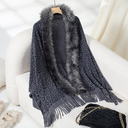 Women's Leopard Poncho with Faux Fur Collar | Fringe Hem Cardigan Women's Leopard Poncho With Faux Fur Col | Ectron Online