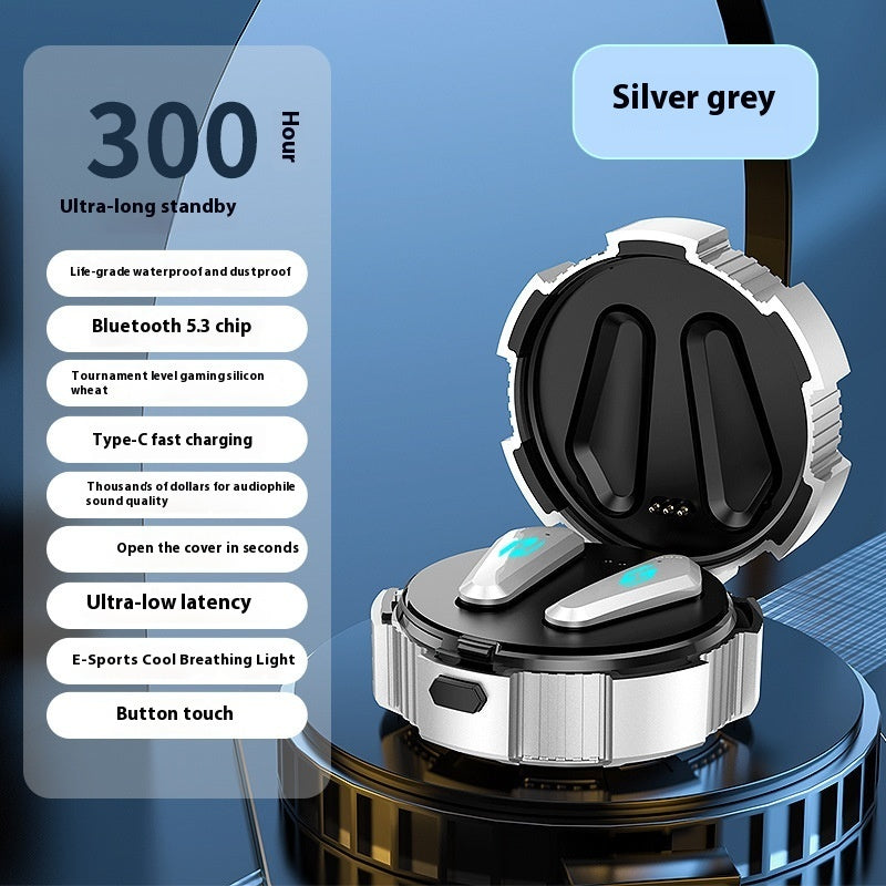 Silver grey wireless gaming headset with glowing teal accents and open-cup ear design