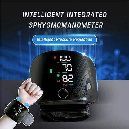 Black wrist blood pressure monitor with backlit touch display and round button