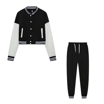 Black baseball jacket and jogger pants set with white contrast sleeves and striped cuffs