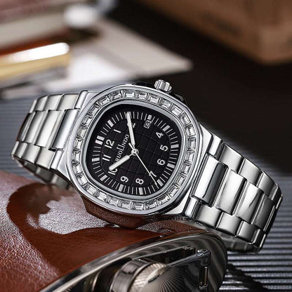 Stainless steel men's luminous watch with black dial, crystal bezel detail and metal bracelet