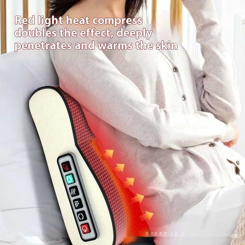Cordless heating waist massager belt with glowing red heat panel and control buttons