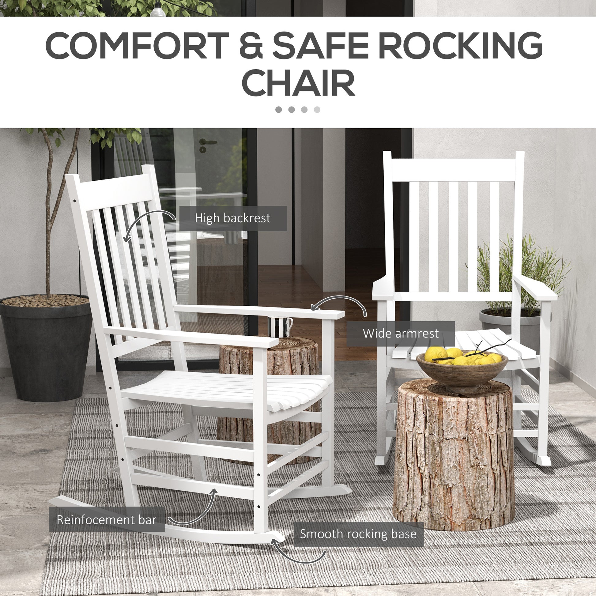 White high-back wooden rocking chair with slatted back and smooth rocking base