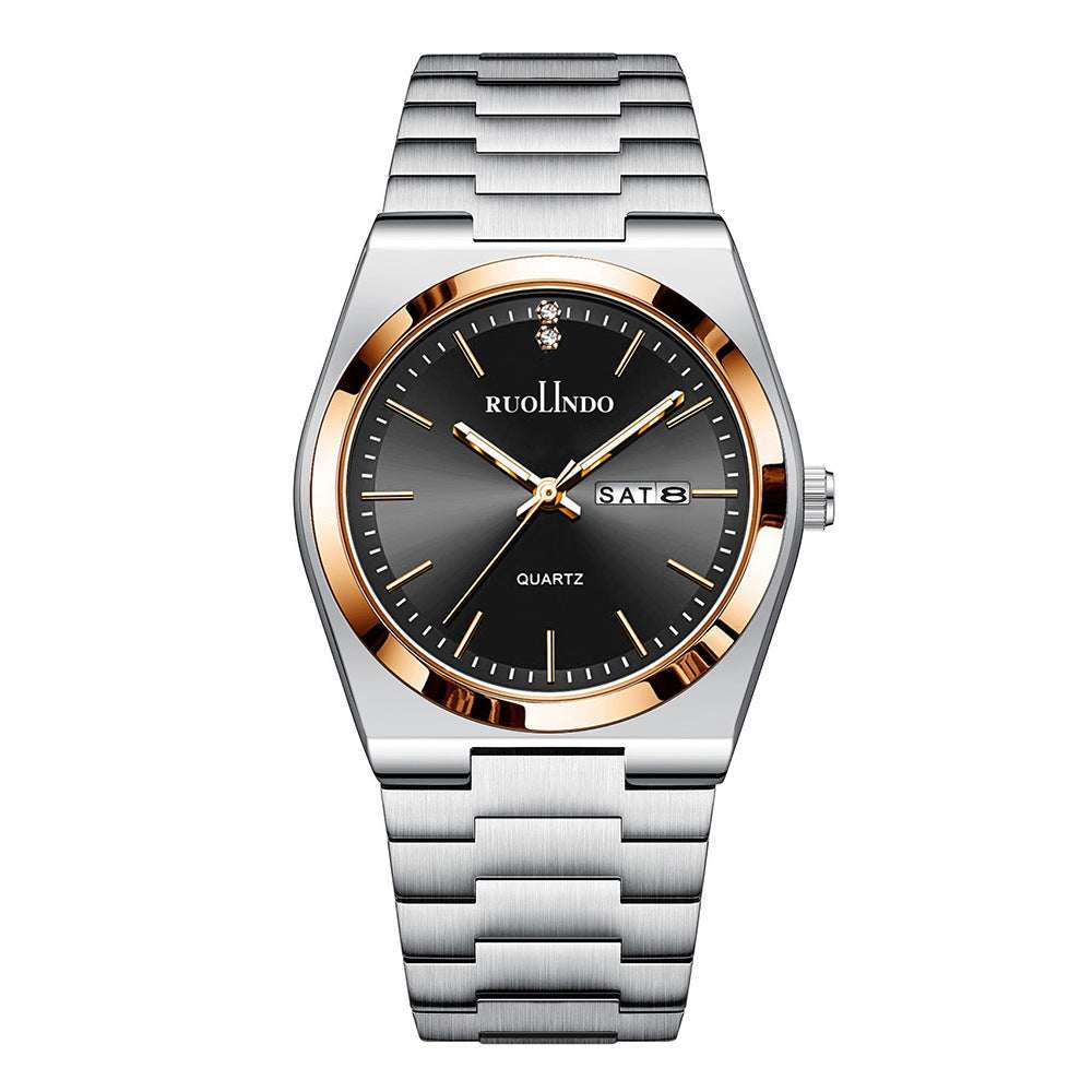 Stainless steel luminous men's wrist watch with black dial, gold-tone bezel, metal bracelet