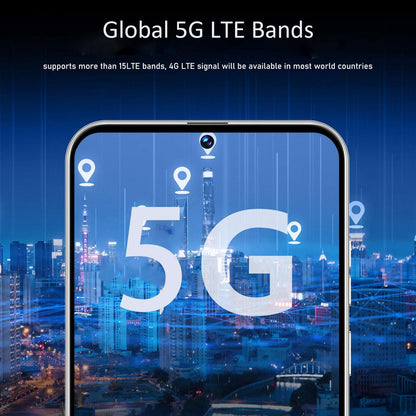 Smartphone front with 5G band coverage overlay and city background
