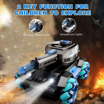 RC stunt tank toy close-up with illuminated front; dark gray and light-blue wheels