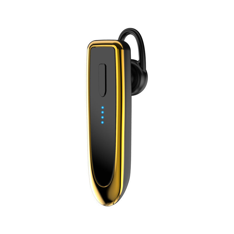 Business wireless Bluetooth headset with gold-trim black body and blue battery indicator