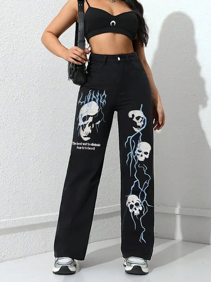 Black women’s jeans with skull-and-flame embroidery on wide legs, button front