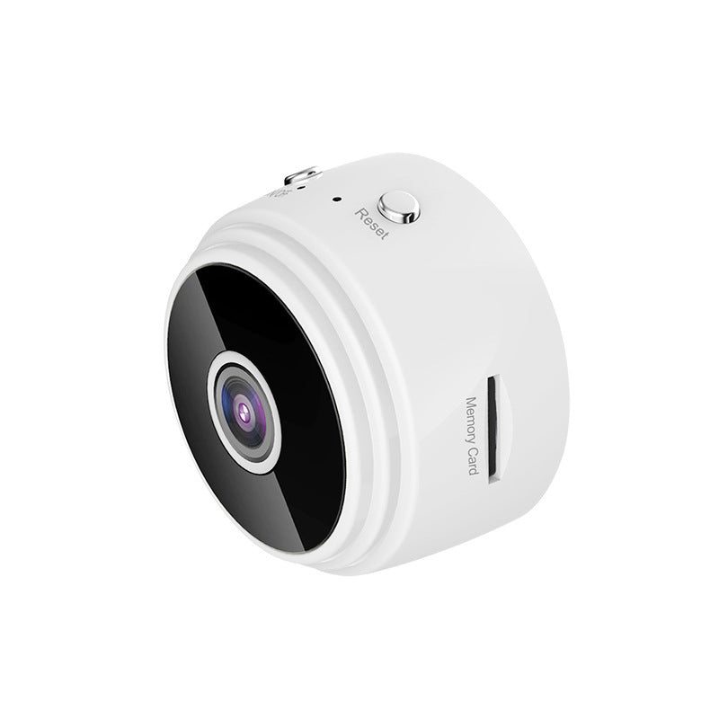 White wireless security camera with front lens, facing left