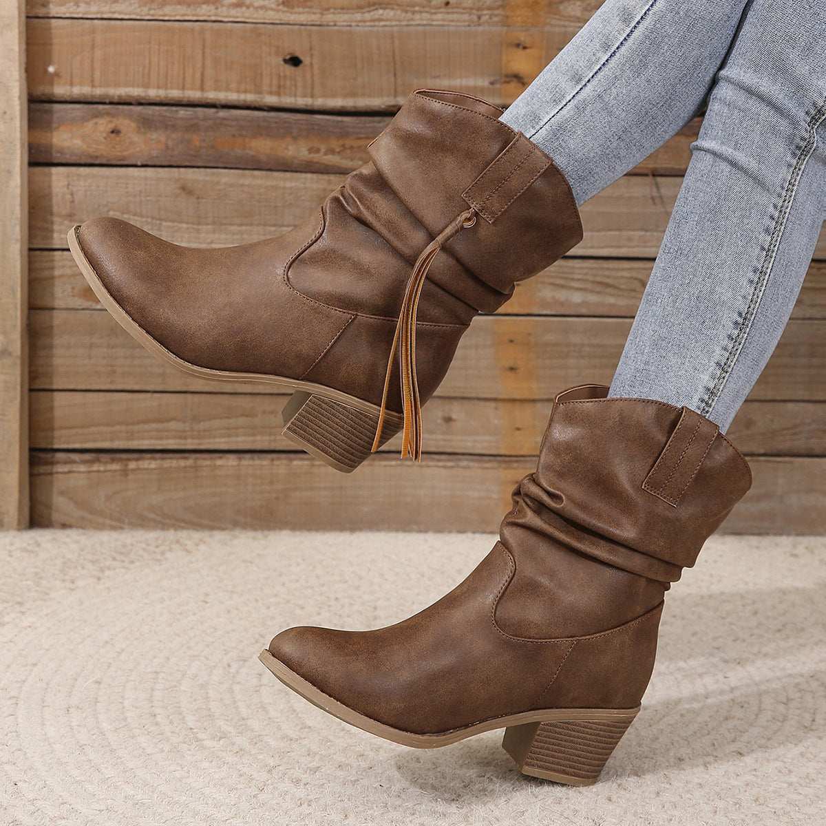 Retro Tassel Boots Winter Thick Square Heel Mid-calf Knight Retro Tassel Boots Winter Thick Square H | Ectron Online