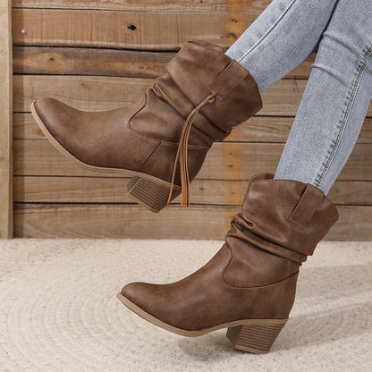 Retro Tassel Boots Winter Thick Square Heel Mid-calf Knight Retro Tassel Boots Winter Thick Square H | Ectron Online