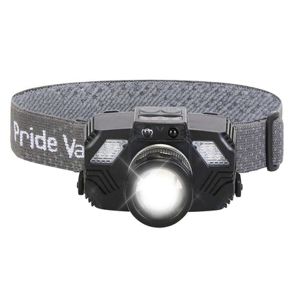Black LED headlamp with gray fabric strap and bright front light module