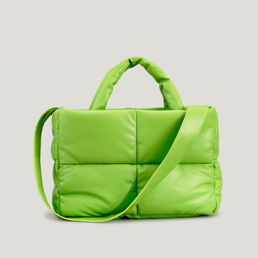 Lime green puffer one-shoulder handbag with top handle and diagonal strap