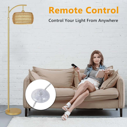 Gold floor lamp with woven shade and remote control for wireless lighting