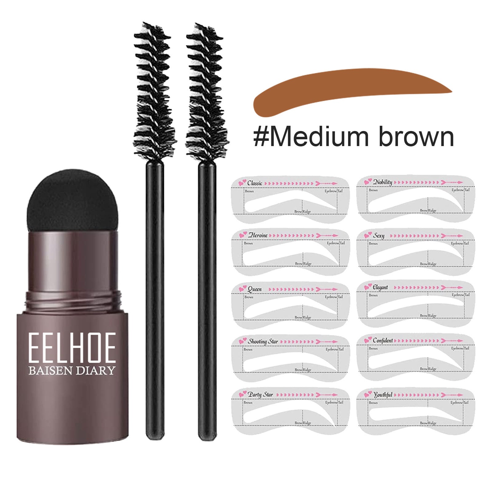 Medium brown eyebrow stencil powder set with two spoolie wands and stencil cards