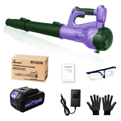 Cordless leaf blower kit, purple and green handheld blower with battery, charger, gloves
