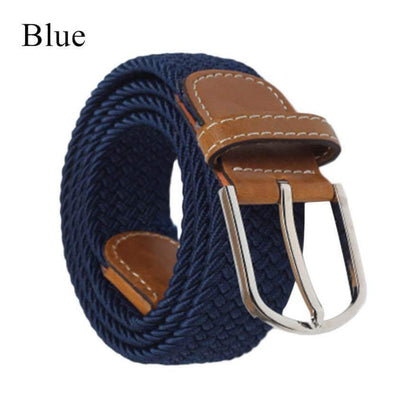 Simple Stretch And Breathable Canvas Woven Belt in blue color with a stylish silver buckle.