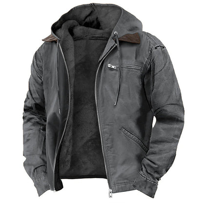 Men’s hooded fleece zip-up jacket in dark gray with black inner hood and chest pocket.