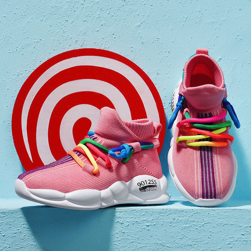 Kids knitted high-top sports shoe pair, pink knit uppers with multicolor lace ties and white sole