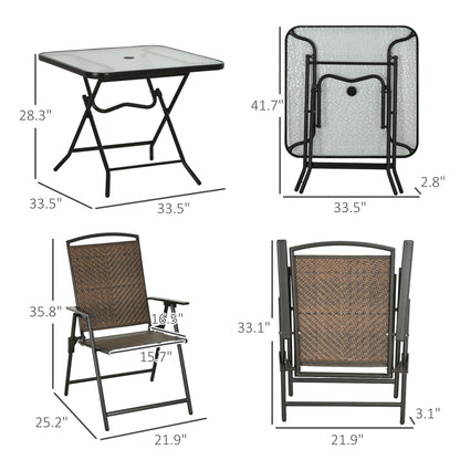 Folding wicker dining chair with black steel frame and brown woven back and seat