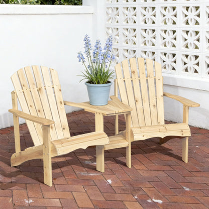 Gliding lounger chair with two light-wood lounge seats on a brick patio floor