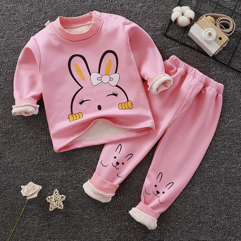 Kids thermal underwear set in pink with bunny prints, long-sleeve top and pants.
