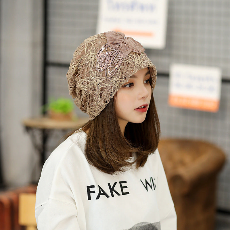 Polyester Lace Three Flowers Toque Sweet Temperament Sleeve Cap