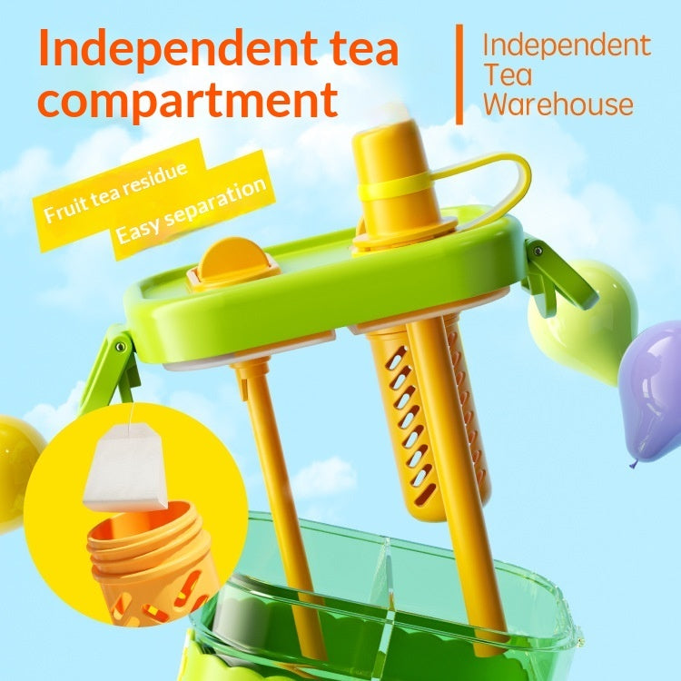 Green kids dual-chamber straw water bottle with straw lid and removable filter parts