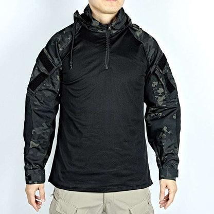 Black tactical shirt with camouflage sleeves on a white background