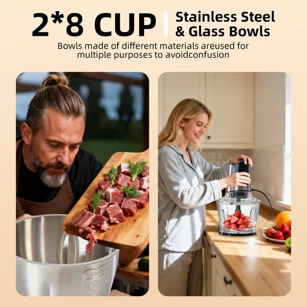 Multi-Purpose Food Processor & Electric Meat Grinder | Dual Bowls
