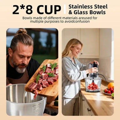Dual bowl set for a food processor with stainless and glass containers for prep