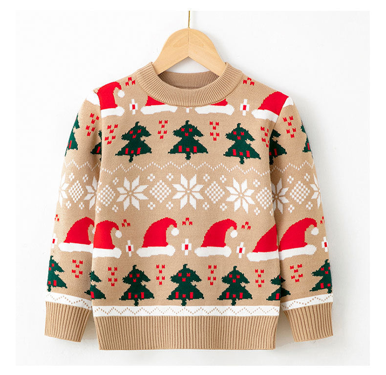 Beige Christmas knit sweater with Christmas trees, stockings, and snowflake pattern