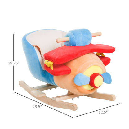 Plush kids rocking horse with blue legs and seat, red saddle, and light wood rockers