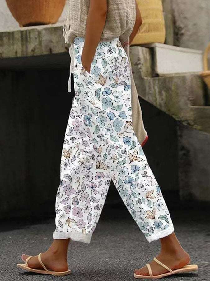 Pocket Casual Printed Elastic Waist Cropped Straight Pants Pocket Casual Printed Elastic Waist Crop | Ectron Online