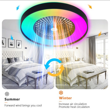 23" Smart Black Ceiling Fan - RGB LED Dimmable with Remote Control