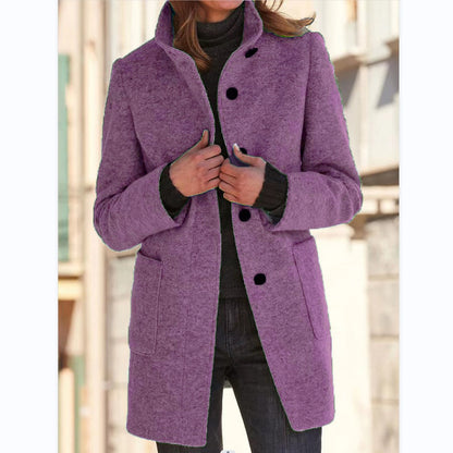 Women's Stand Collar Woolen Coat with Pockets | Casual Winter Jacket Fashion Stand Collar Woolen Coat With Po | Ectron Online