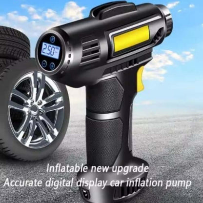 Black digital tire inflator at a car tire, LED screen visible with 2.50 reading