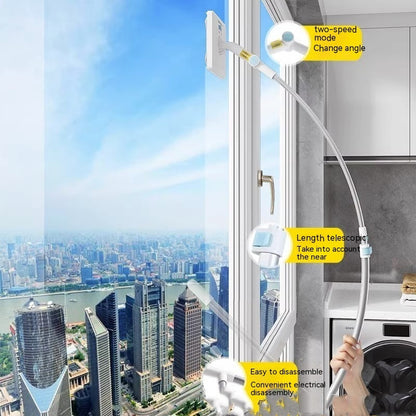 Window cleaning tool with telescopic arm and two-speed mode feature, cityscape in the background