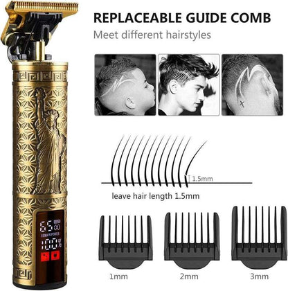 Gold cordless hair clipper with replaceable guide combs (1–3mm) and top blade