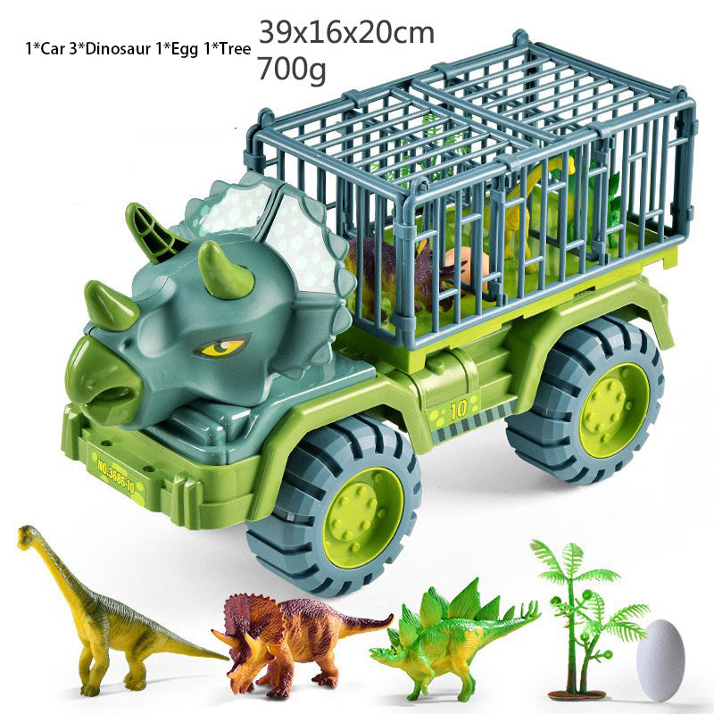 Dinosaur truck toy with blue cage, green dino head, and dinosaur figures with tree