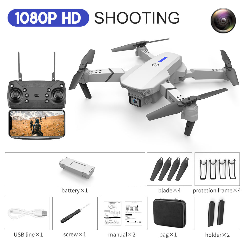 White quadcopter drone with front camera and four propellers, shown with accessories