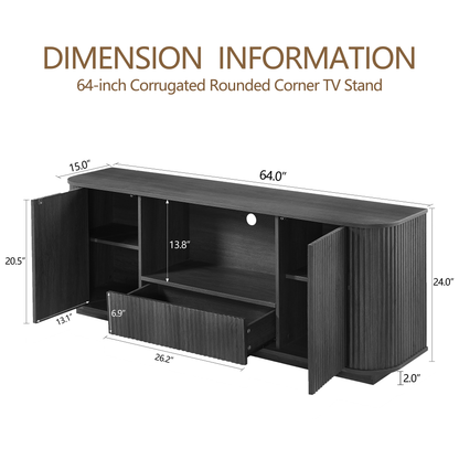 64-inch corrugated corner TV stand diagram with black cabinet dimensions and open shelves