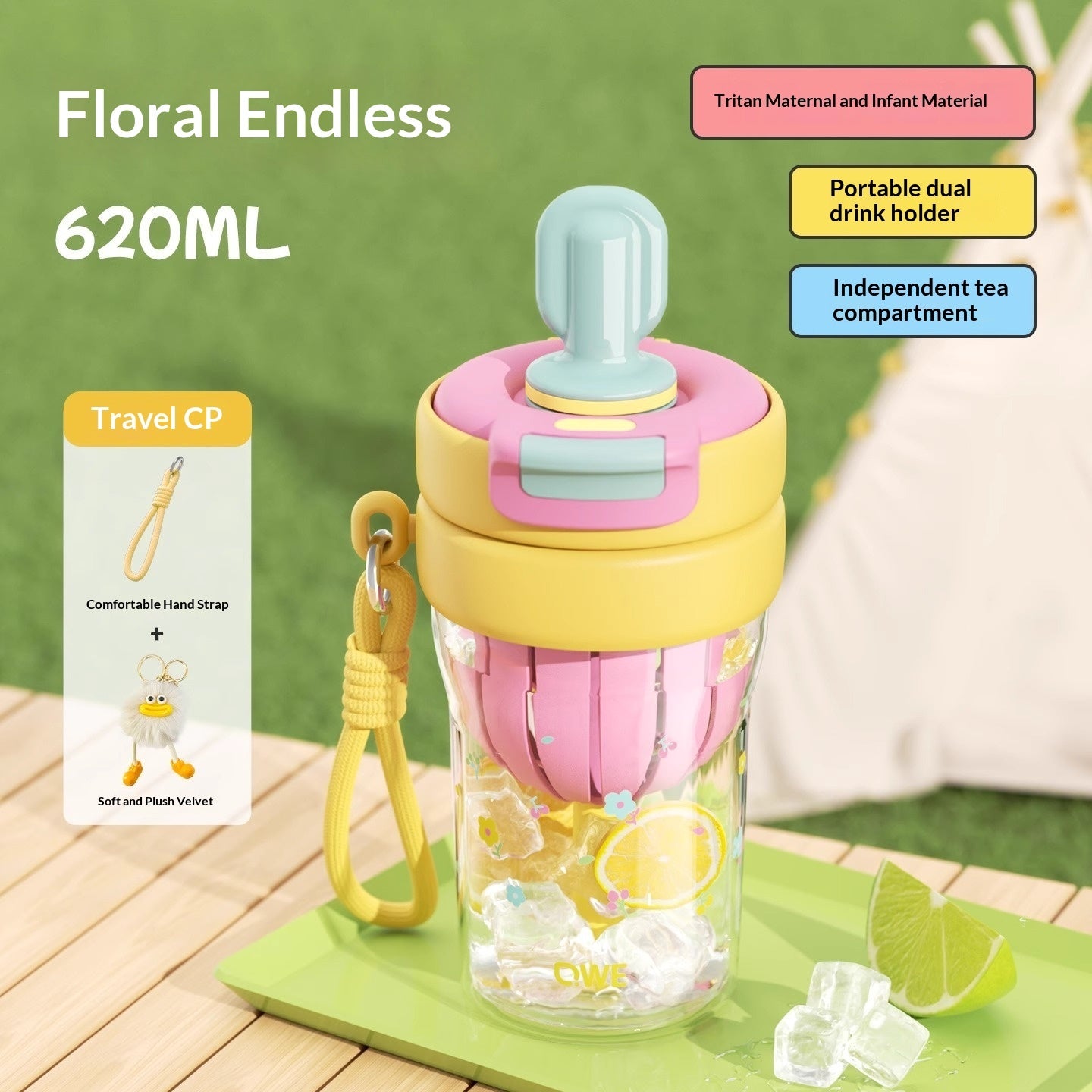 Kids portable drinking cup with straw, clear body, yellow lid with teal straw, floral pattern