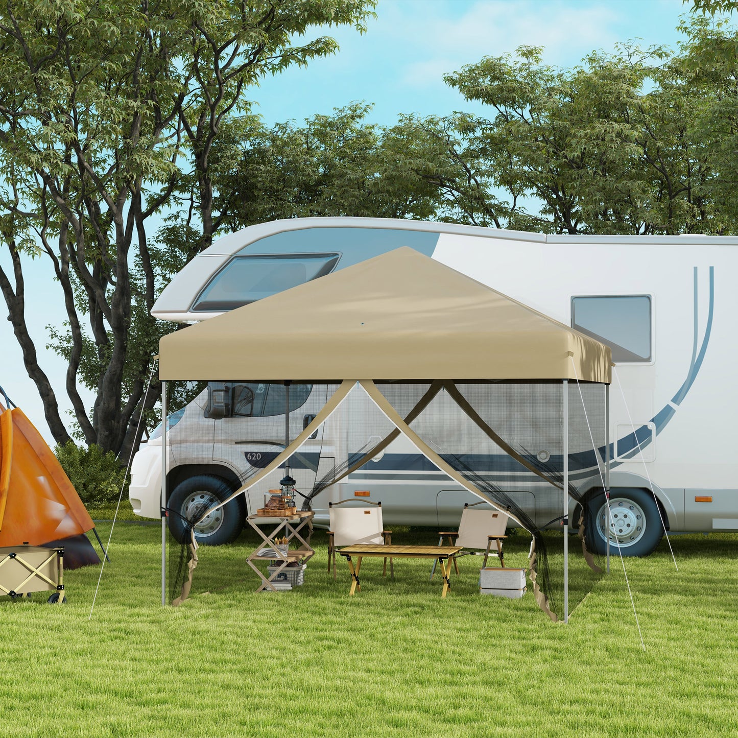 Khaki folding camping chair with canopy-style umbrella poles nearby