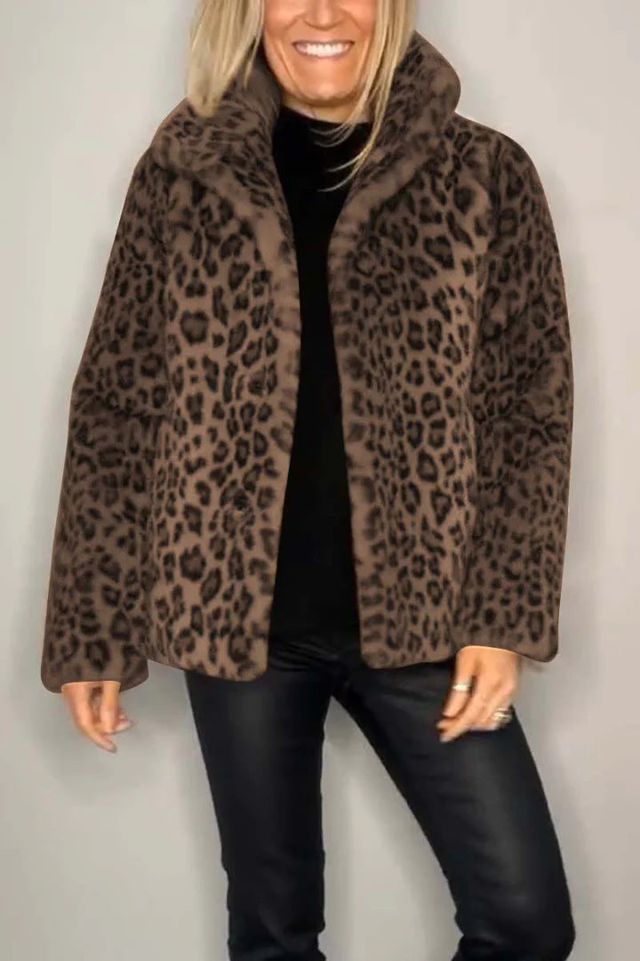 Women's Leopard Print Faux Leather Jacket | Woolen Lapel Winter Top