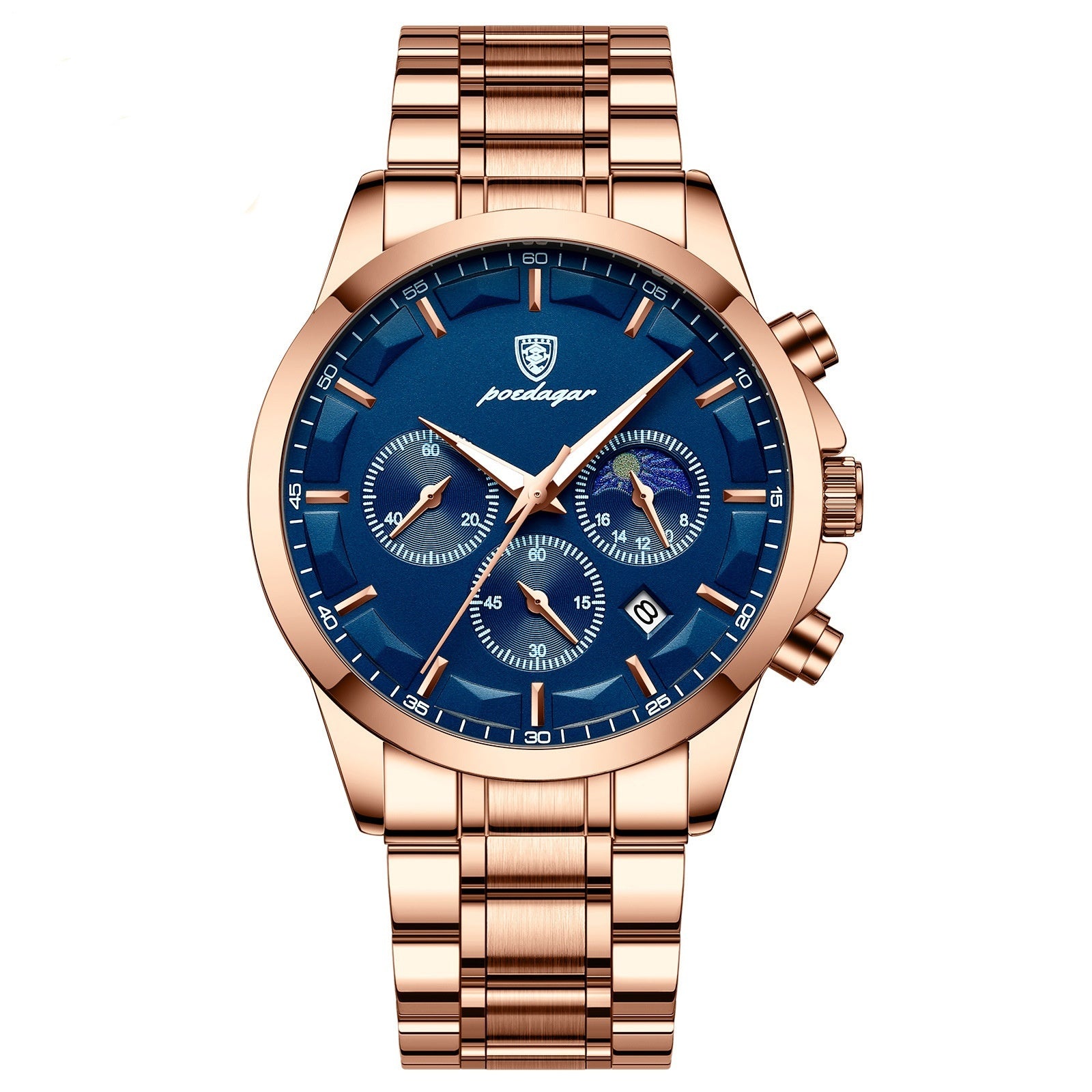 Men’s sports watch with rose-gold metal bracelet and blue dial with three subdials