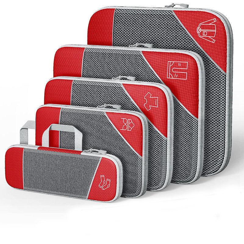 Luggage organizer set with zipper compression bags and shoe bag, red and gray with icons