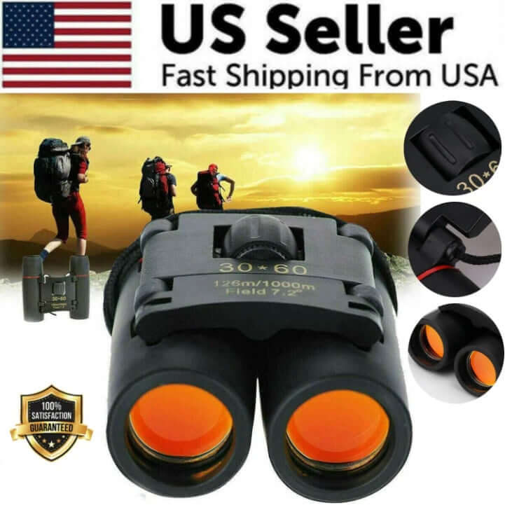 Black binoculars with orange eyepieces and central bridge, front view