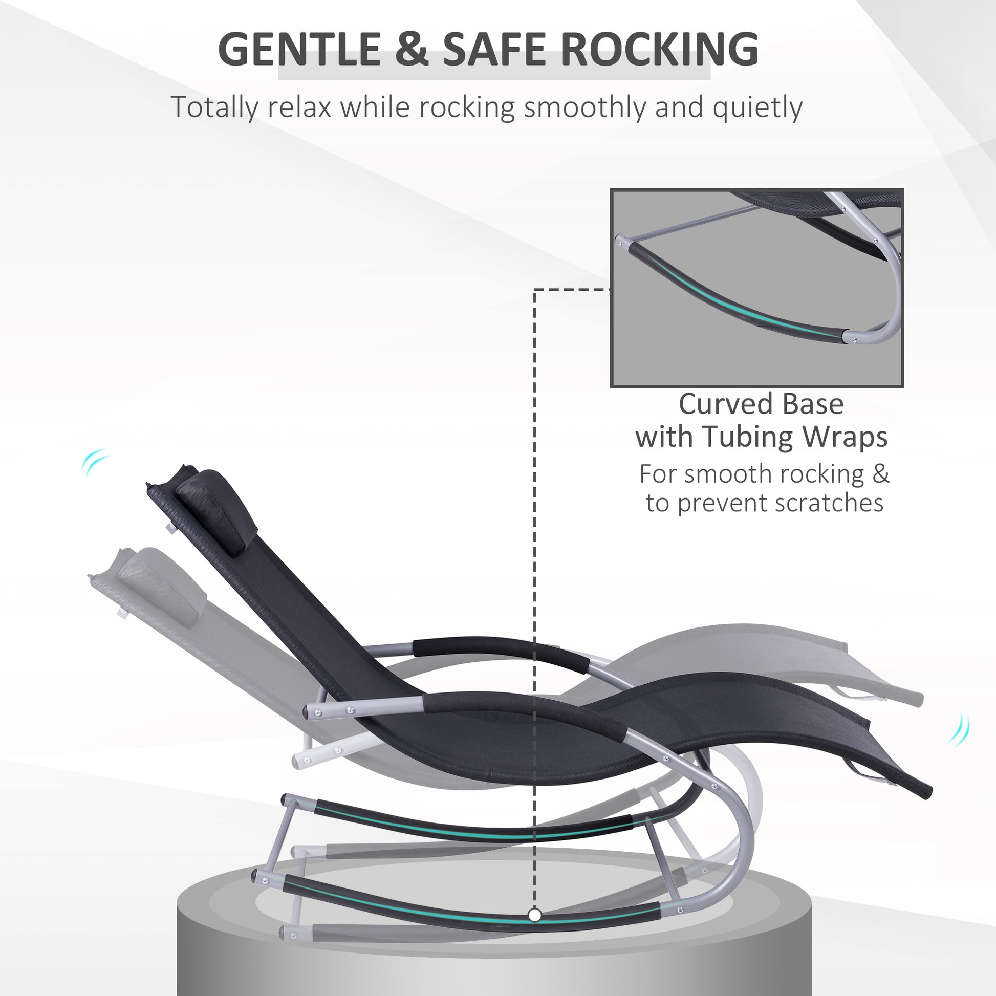 Black rocking lounge chair with curved base and tube wraps for scratch-resistant rocking