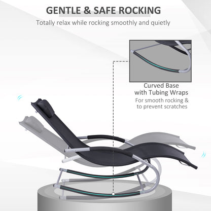 Black rocking lounge chair with curved base and tube wraps for scratch-resistant rocking